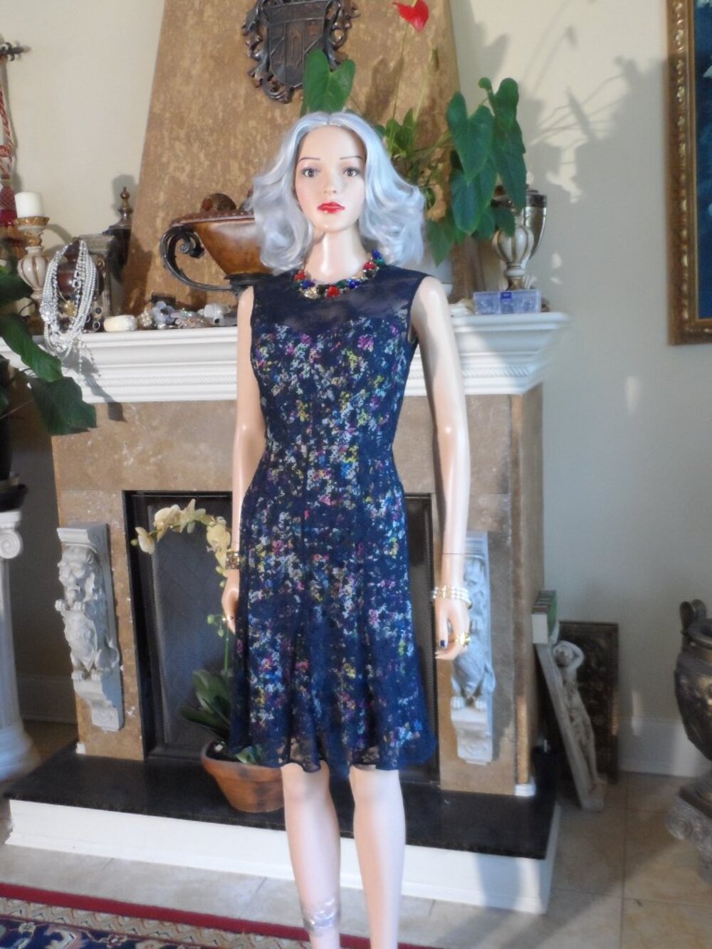 New Erdem Navy Floral Lace Overlay Fit & Flare Silk Dress UK 10 US 6